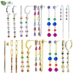 925 Sterling Silver Needle Colorful Zircon Long Earrings for Women New Shining Fine Stud Earrings Wedding High Quality Jewelry