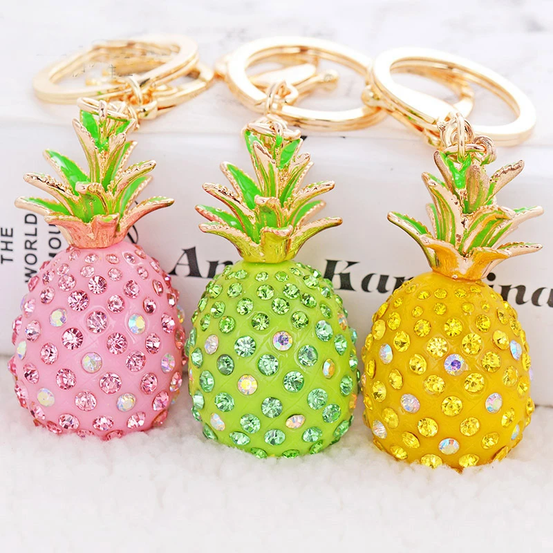 

Colorful Stone Pineapple Keychain Men Shining Fruit Key Chain Gold Color Car Key Chains Circle Key Ring Female Fine Jewelry Gift