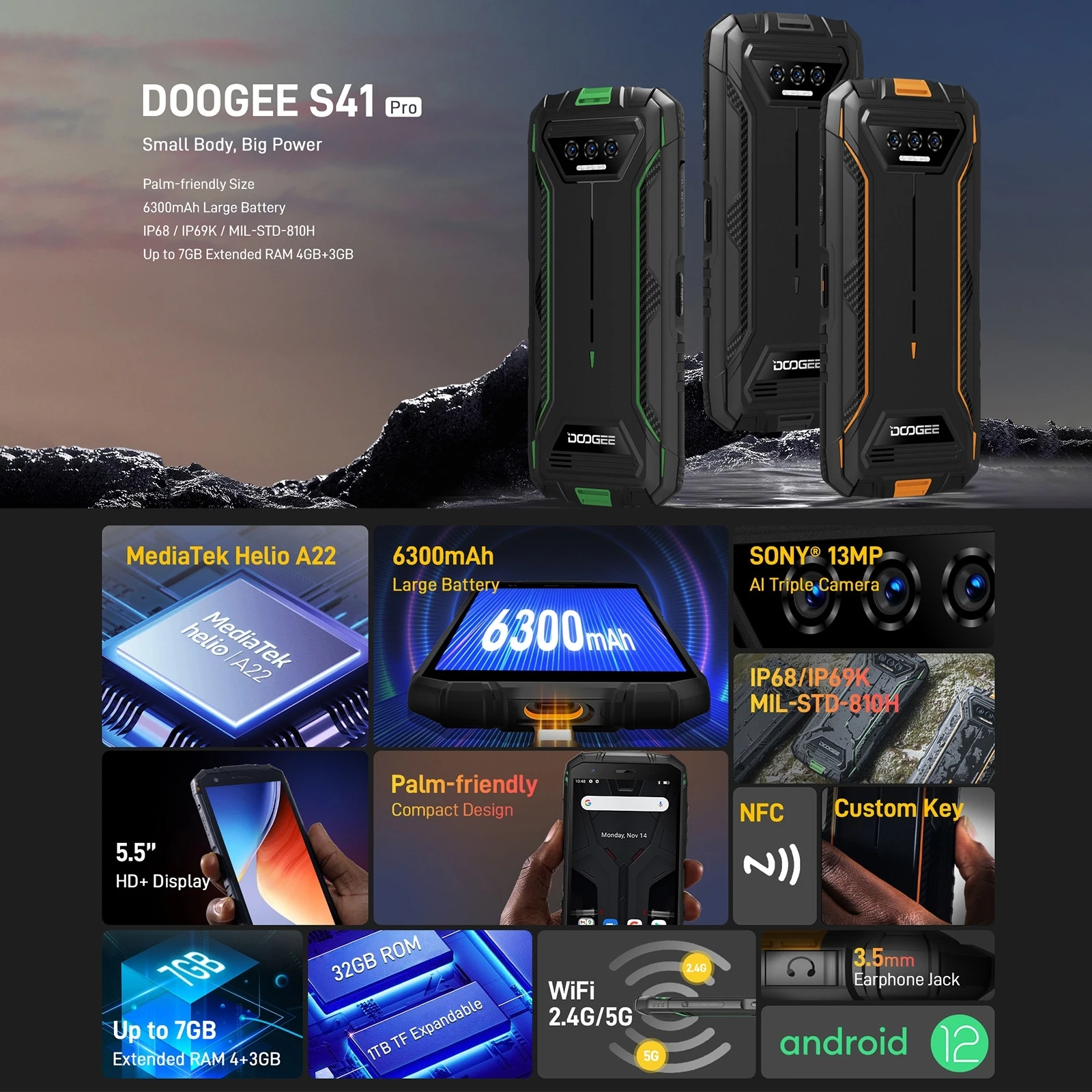 DOOGEE S41T 견고한 휴대폰, 5.5 인치 화면, 4GB + 64GB 방수 스마트폰, 안드로이드 12 Unisoc T606 옥타코어, 6300mAh NFC 휴대폰