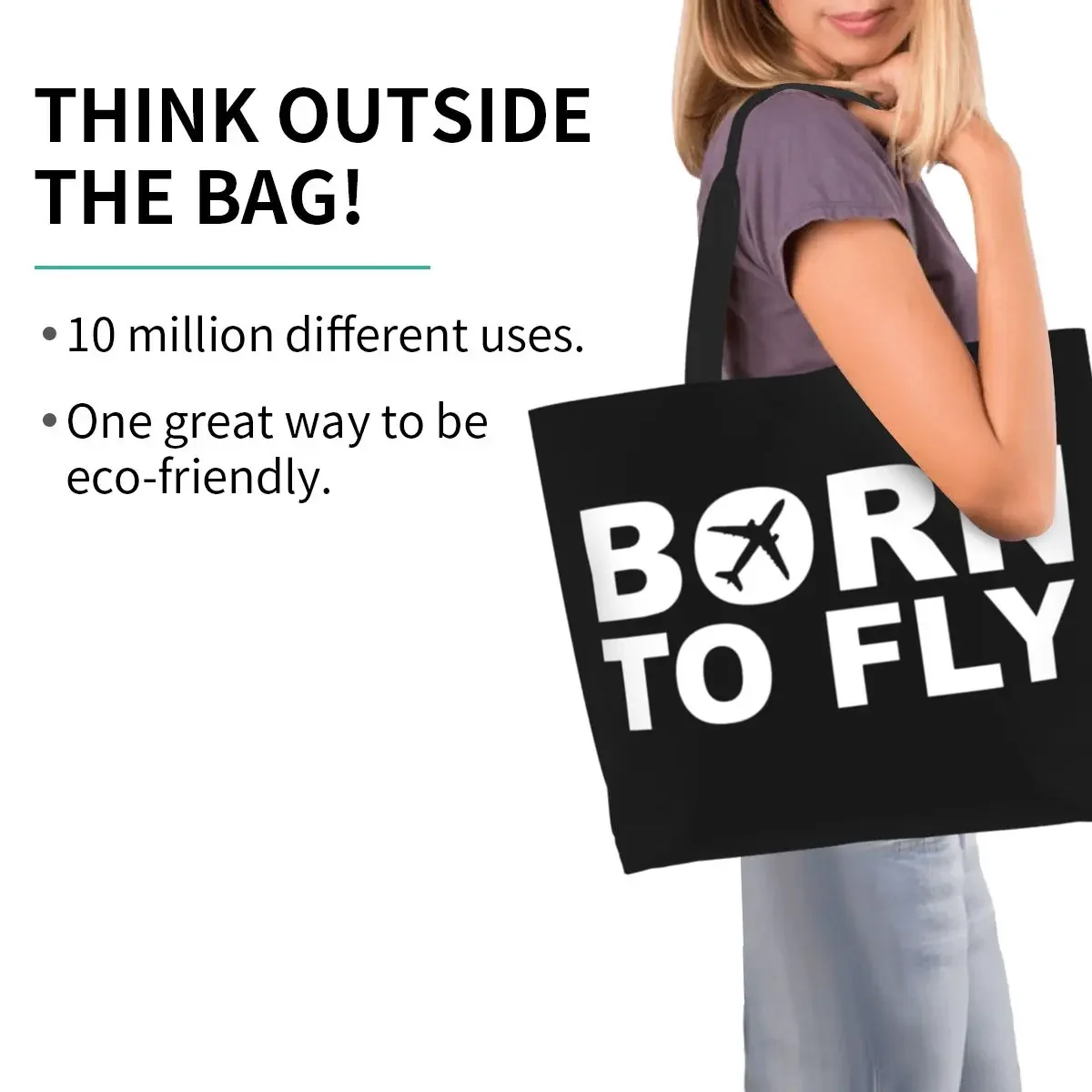 Cute Born To Fly Flight Pilot Shopping Tote Bag Recycling Aviation Airplane Aviator Gift Canvas Groceries Shoulder Shopper Bag