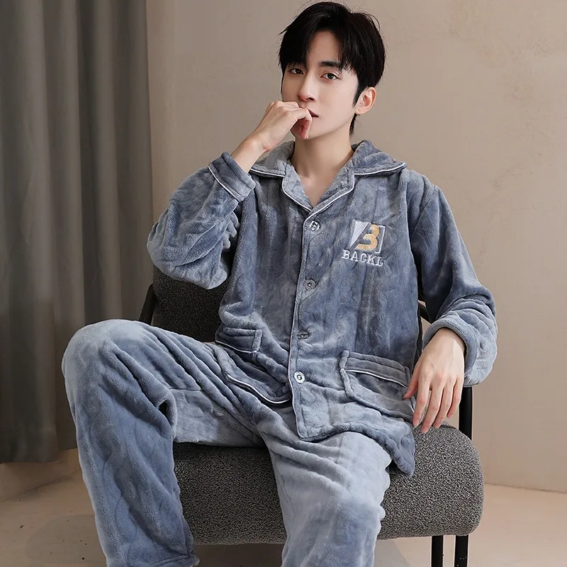 Men's Minimalist Thick Warm Ins‑Style 2‑Piece Fleece Pajama Set, Comfortable Casual Loungewear With Pockets for Autumn & Winter