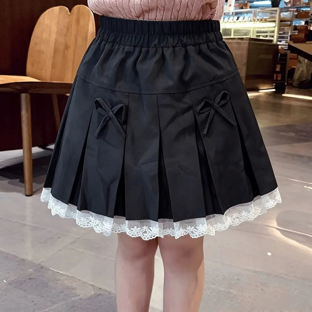 Trendy Bowknot Girl Pleated Skirt Pleated Design Lacw Edge Pleated Skirt Clothes Uniform Style Black Grey Lolita Skirt Kids