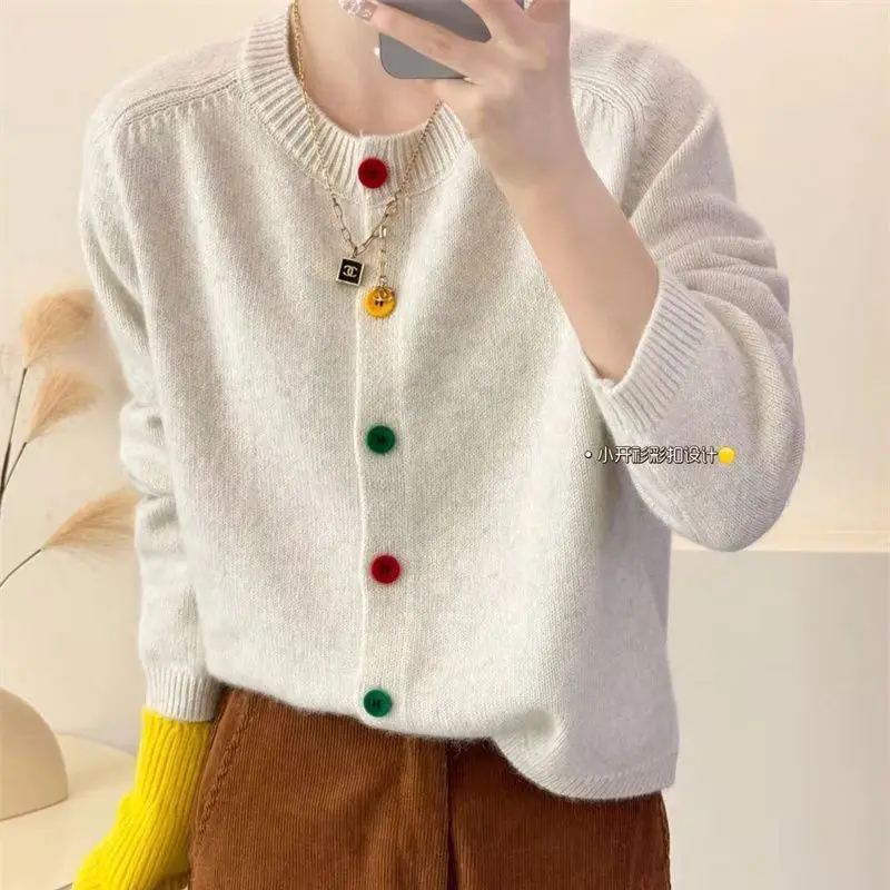 Japanese Sweet and Fresh Round Neck Colorful Button Knitwear Coat Academy Style Western Versatile Sweater Women\'s Cardigan