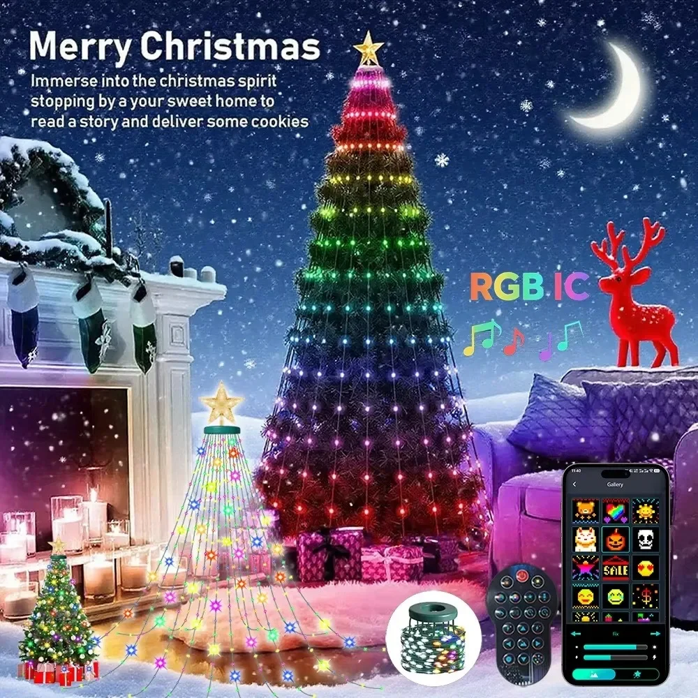 Pohon Natal Pintar 6.9 kaki 400 LED dengan Kontrol Jarak Jauh Aplikasi, Pola Teks DIY, Tahan Air untuk Dekorasi Pohon Natal Dalam dan Luar Ruangan