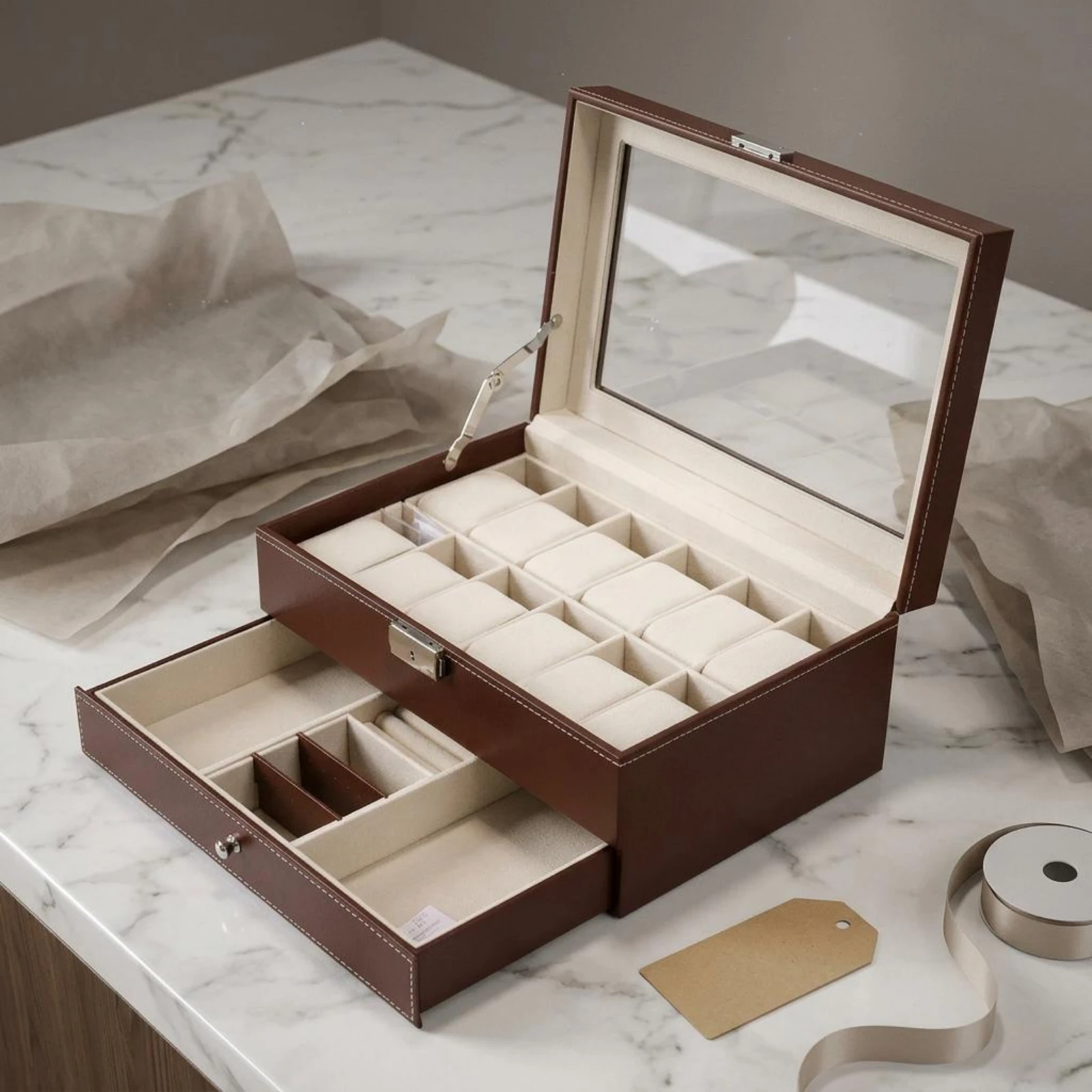 Watch Jewelry Box Mirror Lid Double-Layer Jewelry Box 2-Layer Watch Organizer Scratch Protection Easy to Clean