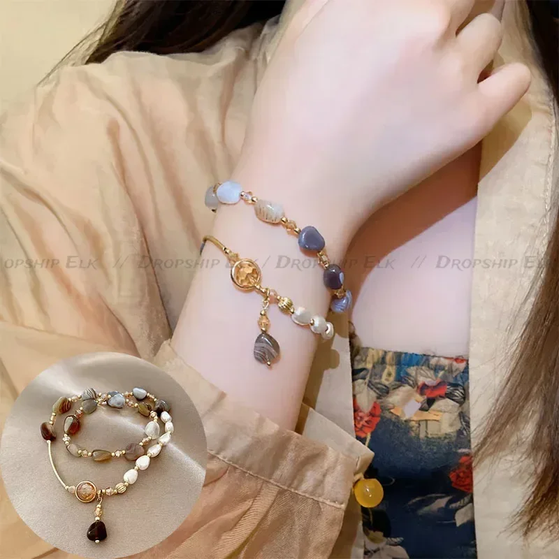 Vintage Double Layered Crystal Pearl Beaded Bracelet for Women Ethnic Natural Stone Beads Wrap Bangle Bracelet Jewelry Gifts