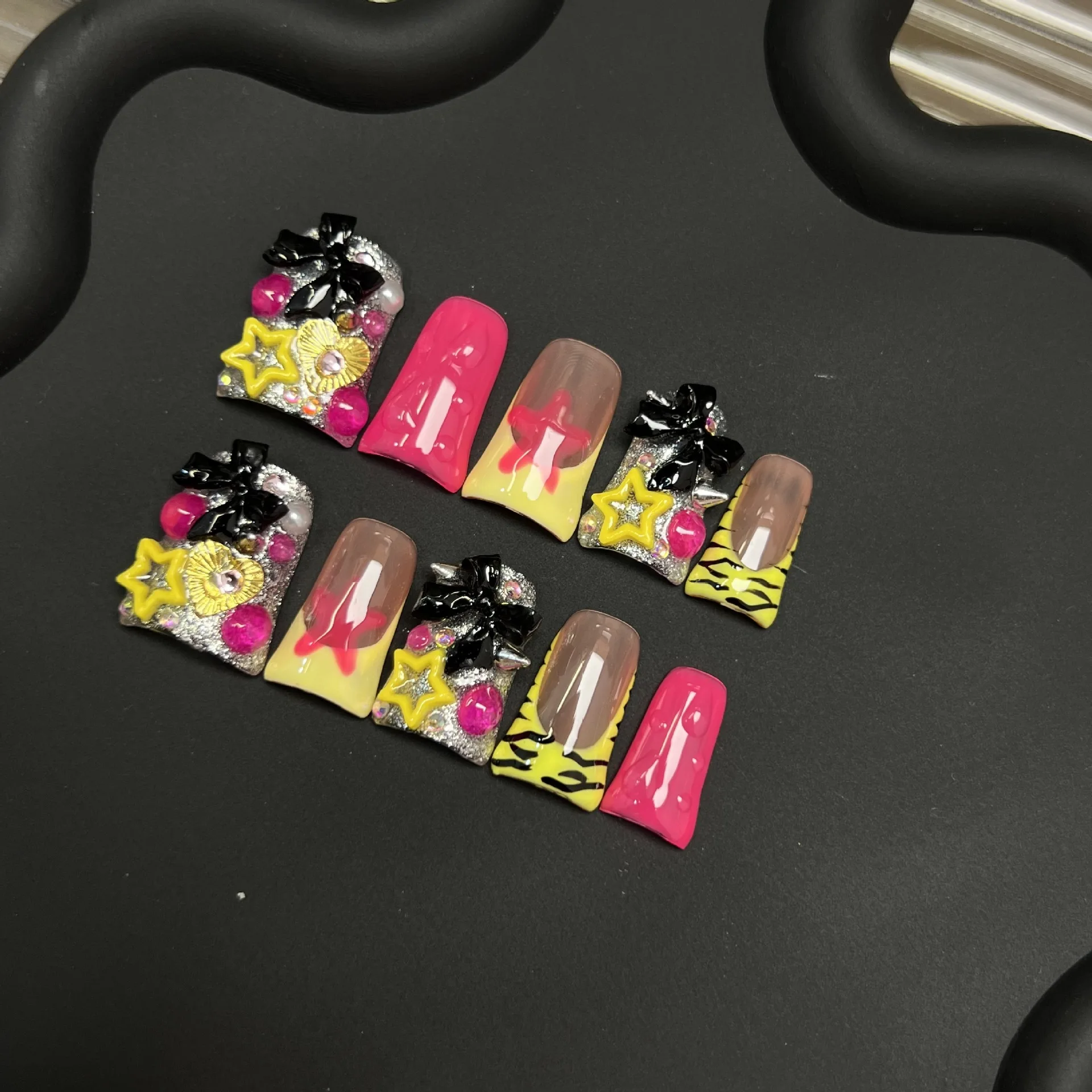 10 قطعة الصحافة اليدوية منقار البط على الأظافر مع ثعبان على شكل نجمة الماس تصميم الأظافر وهمية الأوروبية حار فتاة الأظافر كاذبة #6