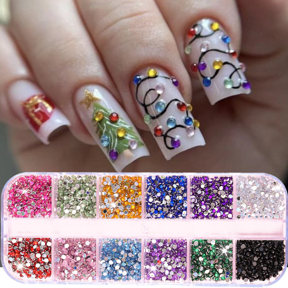 

12Grids Christmas Colorful Nail Rhinestones 3D Mini Acrylic Flatback Gems Christmas Tree Lights Nail Decoration Xmas Nail Charms