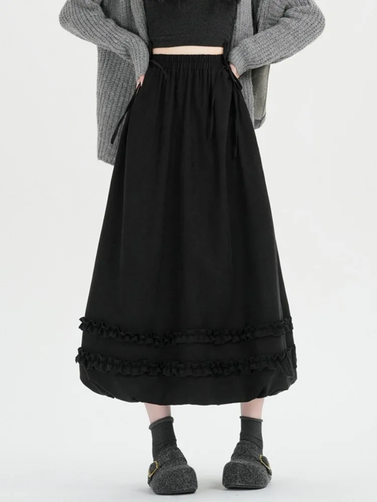 Falda coreana Sle A-Line f con pajarita, diseño de capullo de flor, falda Faion Gored de otoño e invierno para mujer, cintura alta, cintura elástica