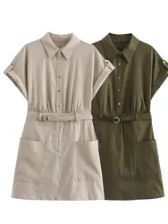 XNWMNZ Women's Fashion 2024 Linen Blended Mini Shirt Dress Women High Street Lapel Short Sleeve Front Button Belt Female Dresses