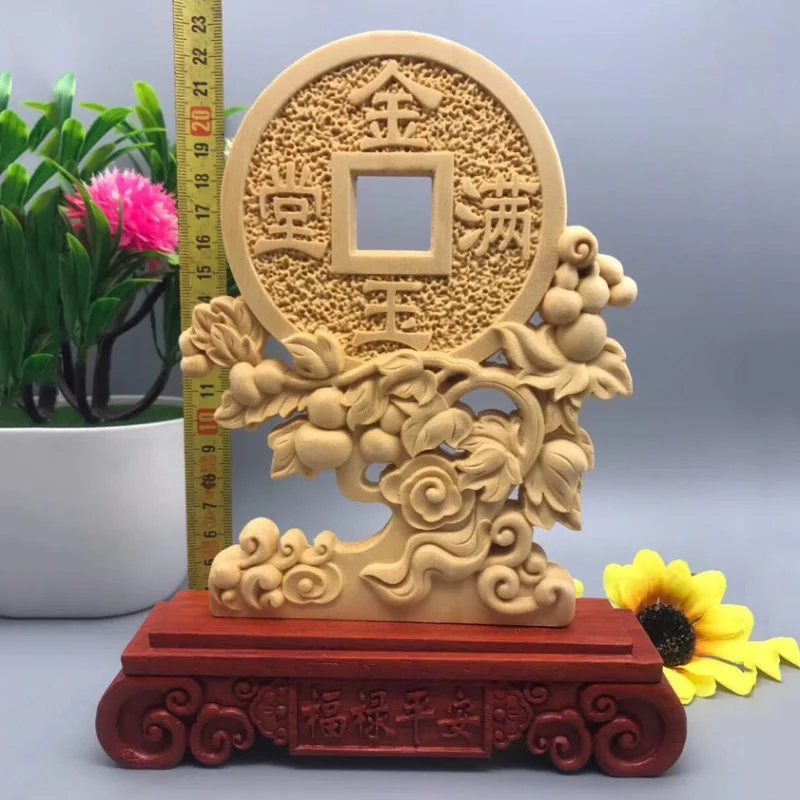 Boxwood Raccoon Wood Double-Sided Carving Prosperous Buddha Ornament Solid Wood Carving Fu Lu Peaceful & Auspicious Living Room