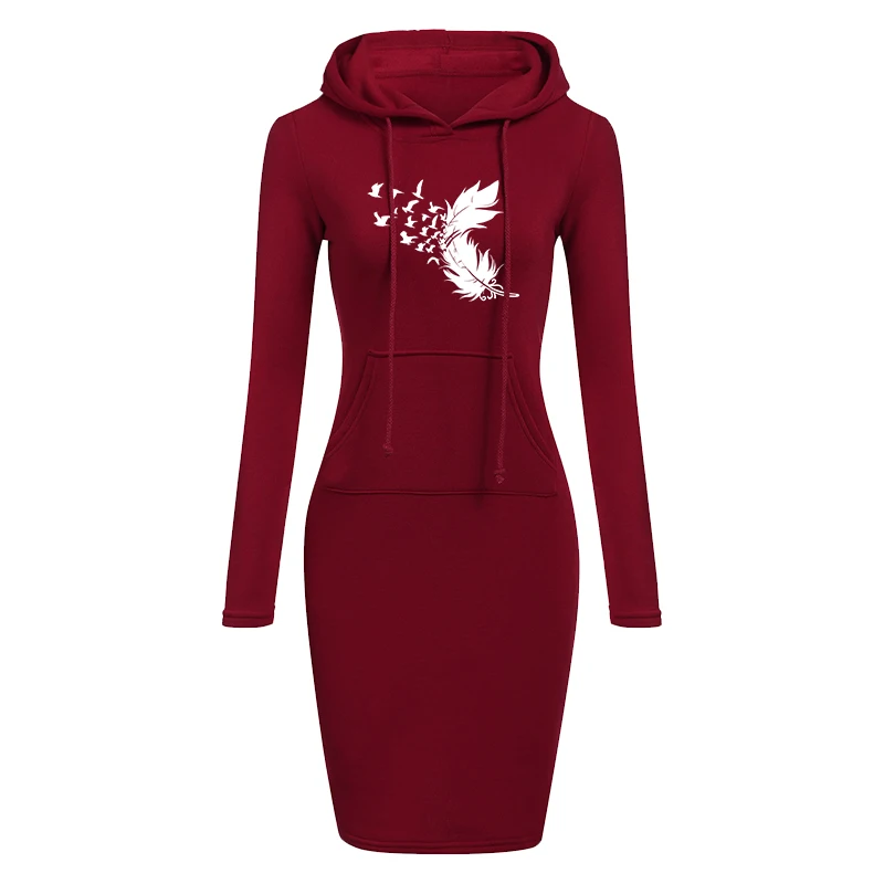 Newest Women Hoodie Solid Color Hooded Long Sleeve Dress Hoodie Drawstring Sweatshirt Long Sweatshirt