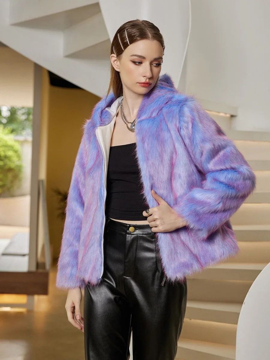 New Faux Fur Coat Short Women\'s Light Purple Color Gradient Autumn Fashion Comfort Windproof Faux Fur Coat