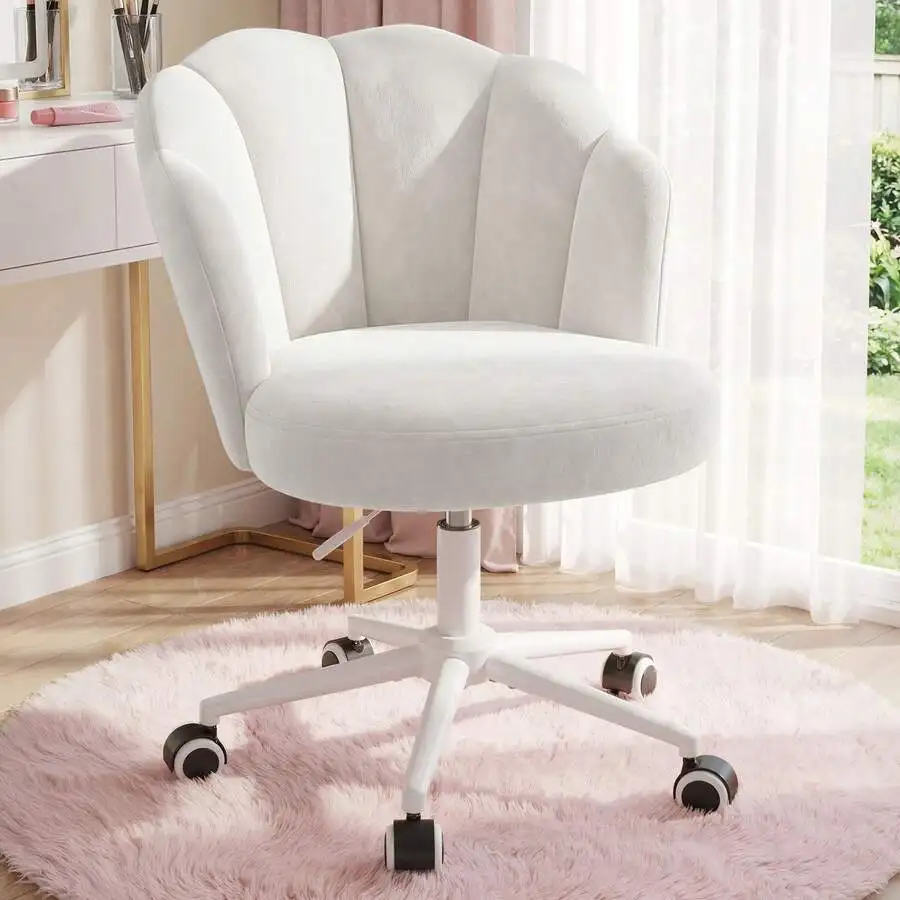 Velvet Office Chair Cute Petal Desk Chair, Modern Flower-Shaped Vanity Chair With Wheels, Armless Desk Chair With Back, Hight Ad