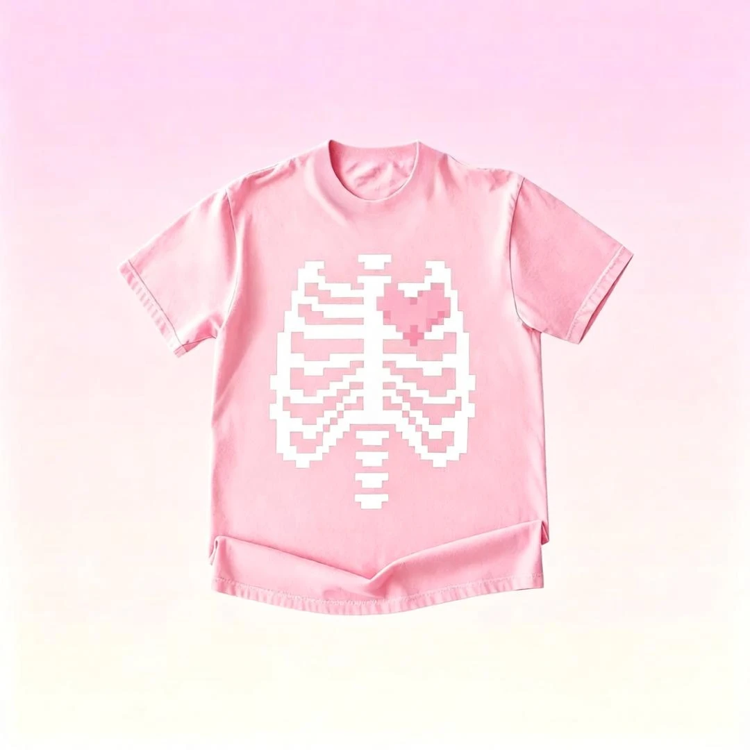 Rosa Rippen-Skelett-Fledermaus-Print Damen Oversized T-Shirt Halloween Pastell Goth Stil Kleidung Kawaii Streetwear Top Damen Herren T-Shirt – Detail 8