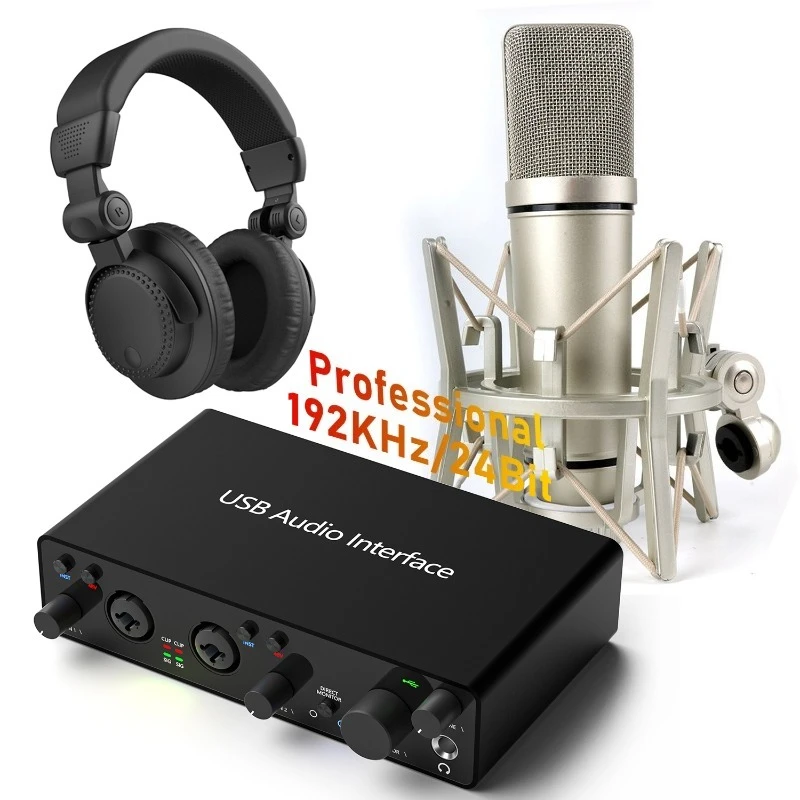 192KHz 24 Bit Professional Condenser Studio Microphone Headset USB Audio Interface Sound Card Set for Podcast Recording