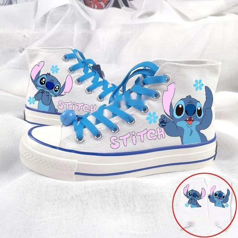 

Высокие парусиновые туфли с милым принтом Disney Stitch, женские повседневные туфли с рисунком граффити на плоской подошве, корейская версия, трендовые туфли для доски