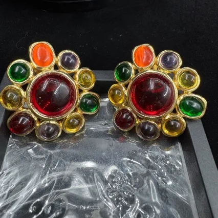 Vintage Multi Shape Colorful Glass Stud Earrings Women Gold Tone Chunky Contrast Color Statement Ear Jewelry for Party Daily Wea