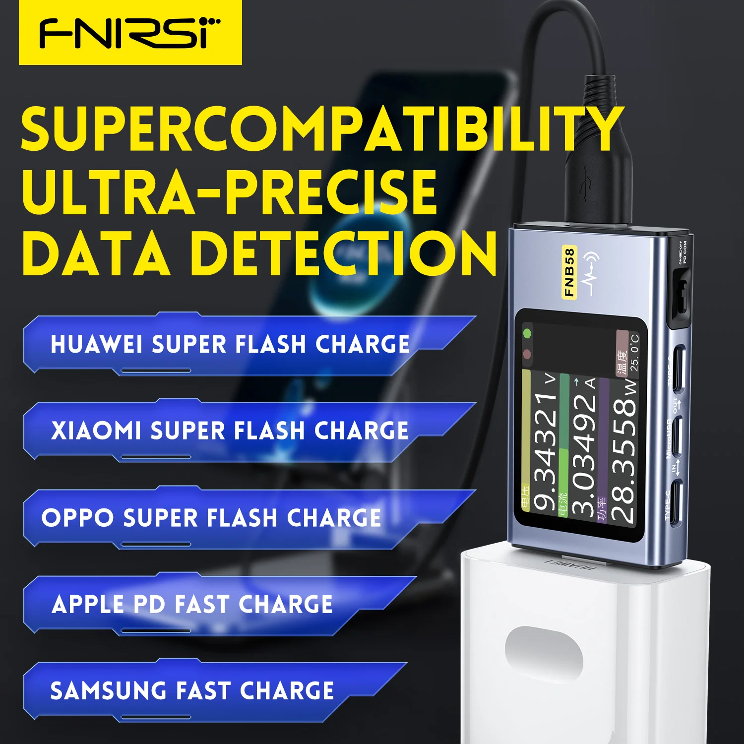 Imagem -03 - Fnirsi-usb Tipo-c Tester Carga Rápida e Voltímetro Amperímetro Detecção Trigger Medição de Capacidade Medição Ripple Fnb58
