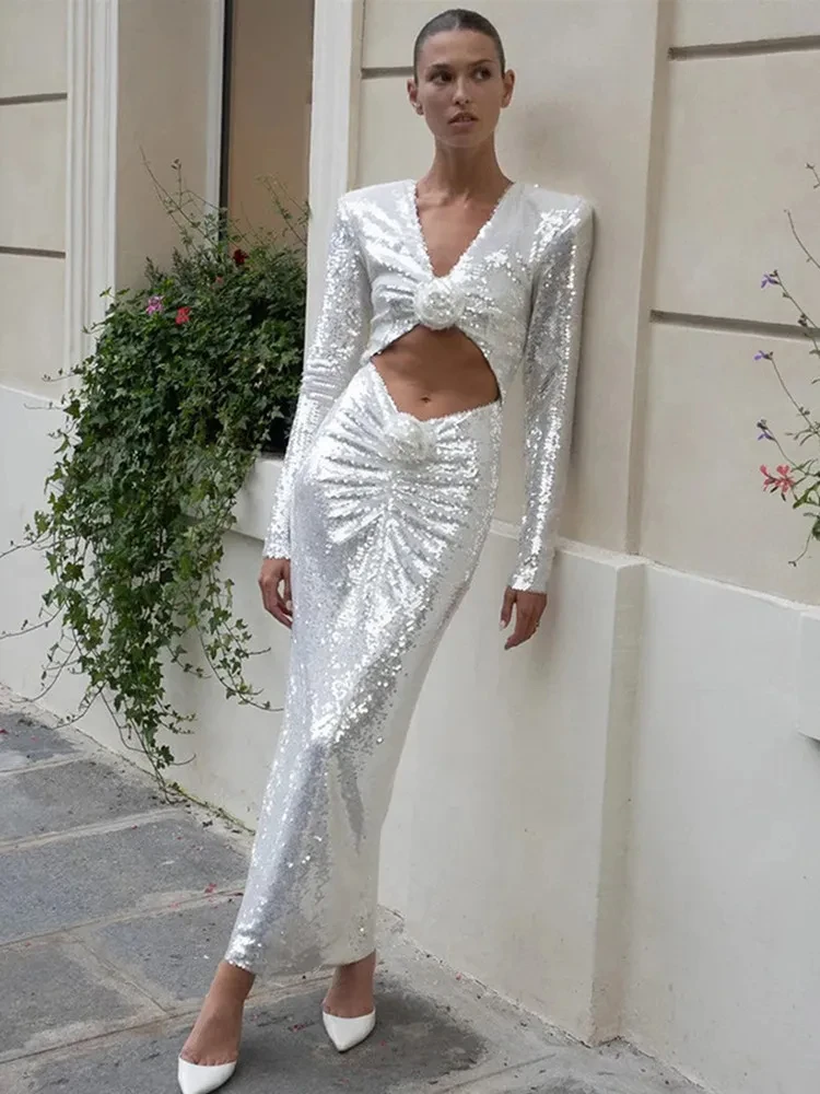 Women Celebrity Sexy Long Sleeve Mesh Sequins Sparkly Silver Maxi Long Bodycon Prom Dress 2024 Elegant Evening Club Party Dress