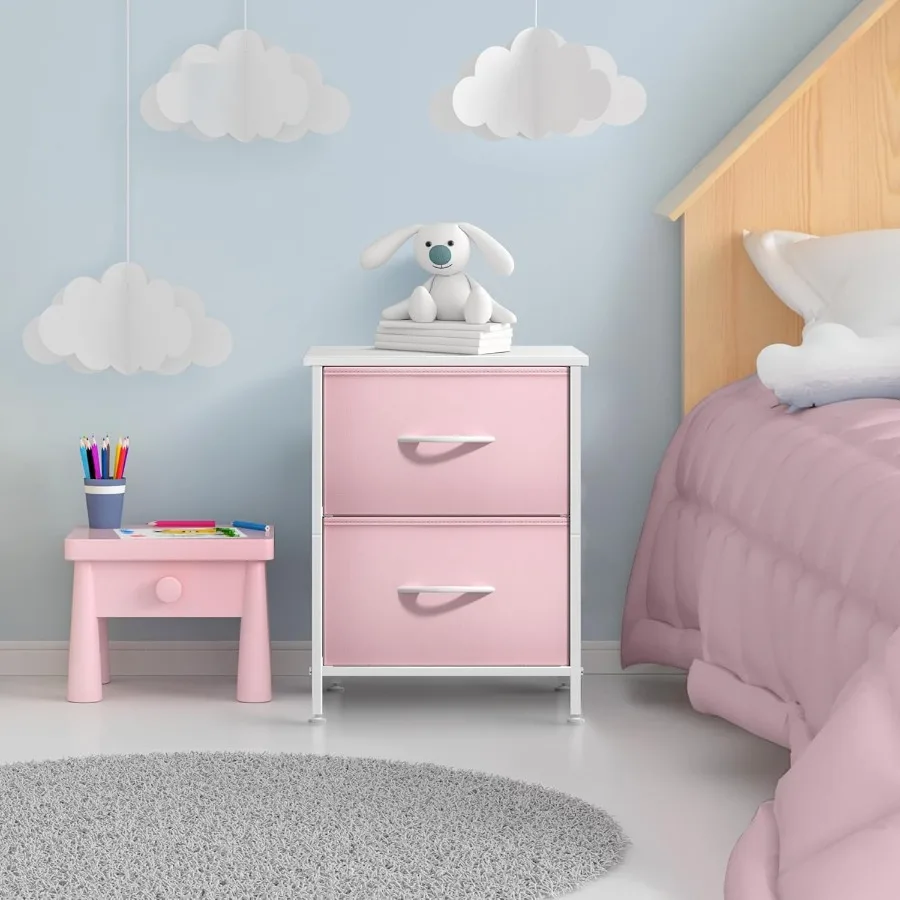 منضدة مع درجين - حامل ليلي لطاولة نهاية أثاث بجانب السرير للأطفال - إطار فولاذي، سطح خشبي وقماش سهل السحب