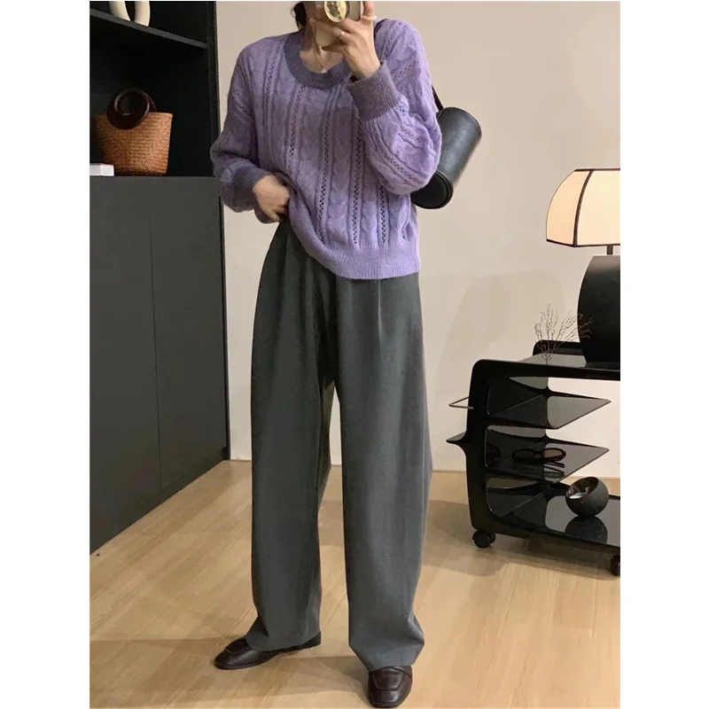 

Women's Autumn and Winter Chic Temperament Purple Vintage Pullovers Sweater Fashion New Style Lazy Style Knitted Sweater Blouse