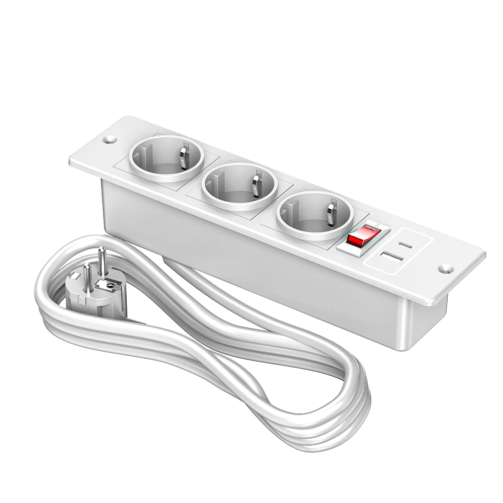 Embedded Recessed Power Strip with Switch 3 AC Outlets 1 USB-A & 1 Type-C(5V 2.1A) 1.5m Extension Cord for Office Desk