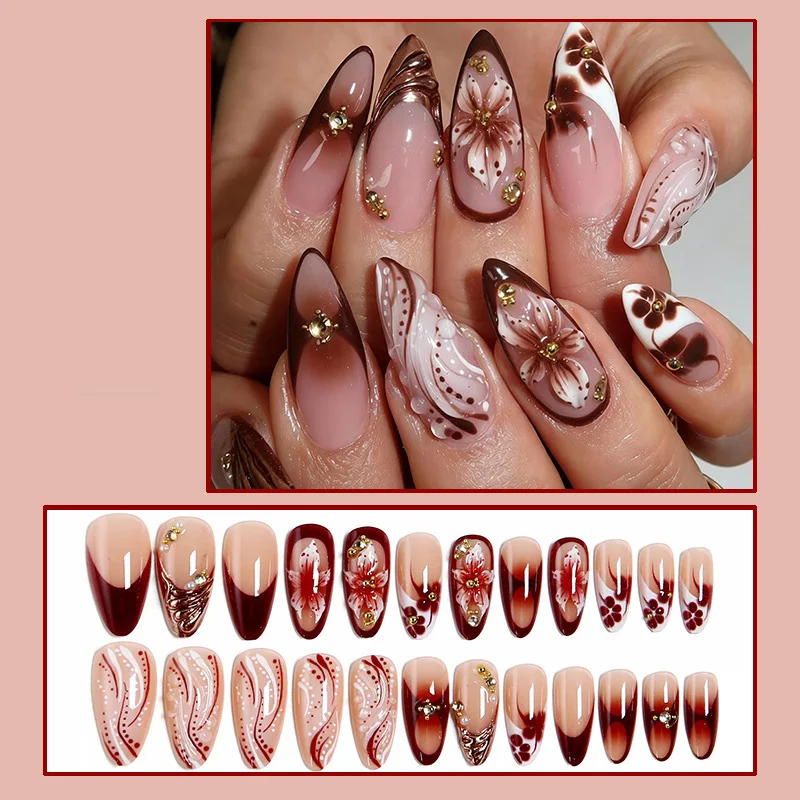 French Tips Press On Nails Medium Almond 5D Flower Glossy Brown Glue On Fake Nails Water Ripple Rhinestone Reusable Fall Winter