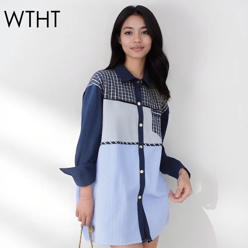

WTHT Fashion Women's Patchwork Plaid Striped Shirt 2026 Spring Trendy Lapel Long Sleeves Loose Casual Blouse Female 1LS2826