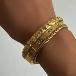 Vintage 18K Gold Plated Stainless Steel Sun Star Eye Bracelet & Bangle for Women Fashion Party Wedding Jewelry Gift