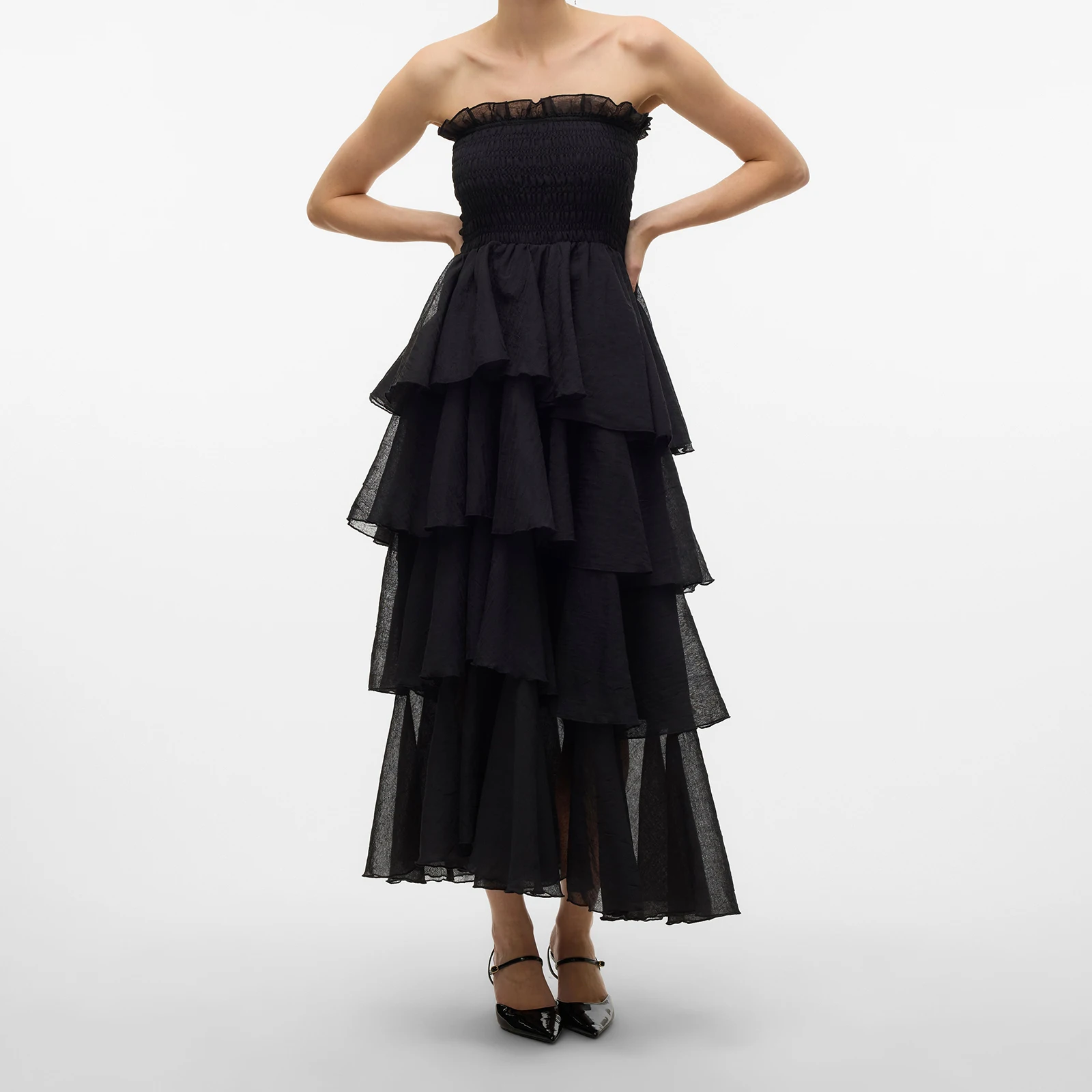 Combhasaki Abito lungo da donna elegante con volant increspato senza spalline a strati senza schienale a strati tinta unita estivo trasparente a trapezio