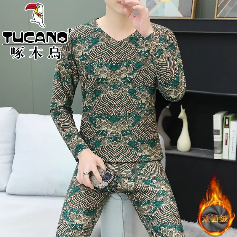 우드페커 정품 겨울 신상 양면 벨벳 민족풍 레트로 무봉제 보온 내의 세트 남성 캐릭터 파자마