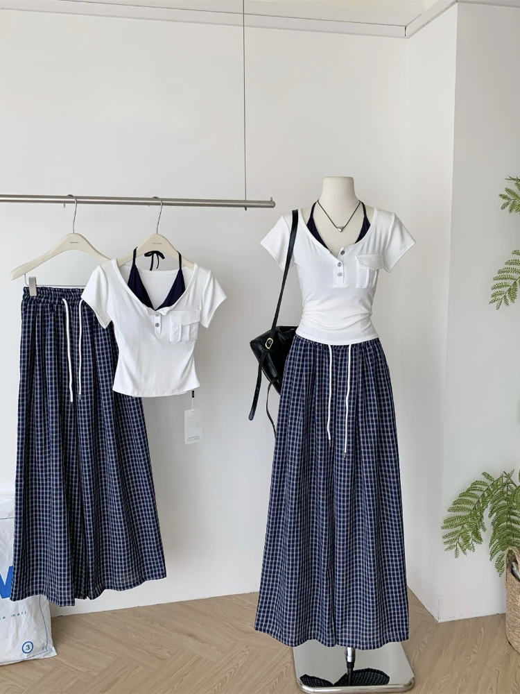 

Summer Y2k Korean Popular Women's Two Pieces Set High Street Preppy Style Vacation Outfit Neck Hanging Design Suit Woman Clothes