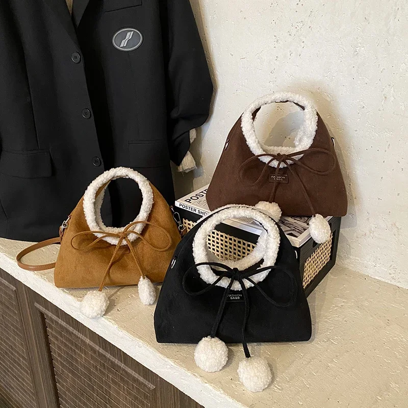 

Faux Suede Solid Color Bow Hairy Cute Women's Handbags Christmas Gift Giving Fashion Bags 2025 Autumn/winter New Shoulder Bags