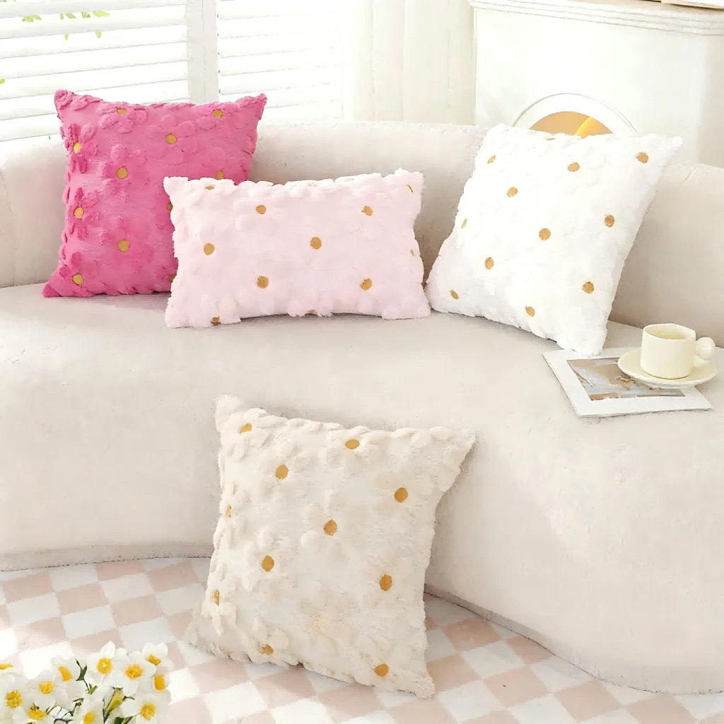 Small Flower Plush Pillow Cover, Towel Embroidered Waist Pillowcase, Soft Cushion Cover for Bedside Living Room Sofa, Decorative