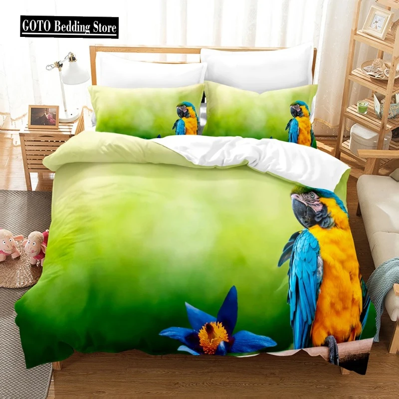 Print Parrot Comforter Cover Set 100% Bamboo Fiber Super Soft Duvetcover Pillowcase Queen Bedding Set Quilt Cover Bedroom