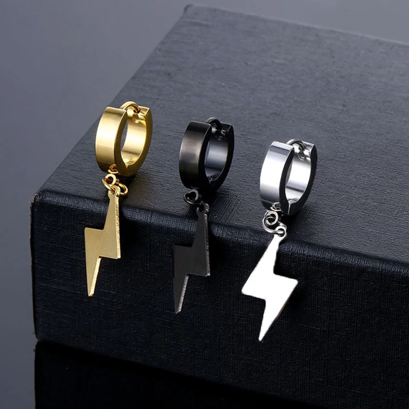 2pc Punk Hiphop Lightning Pendant Stainless Steel Earring korean fashion Women Men Circle Ear Stud Earring Jewelry Ear Accessory view 2