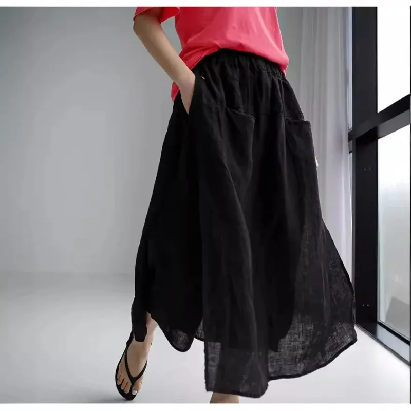 Cotton Linen Casual Loose Ankle Length Pants Spring Summer Women's Wide-leg Pants Clothing Two-piece Splicing Skirt Pants Women