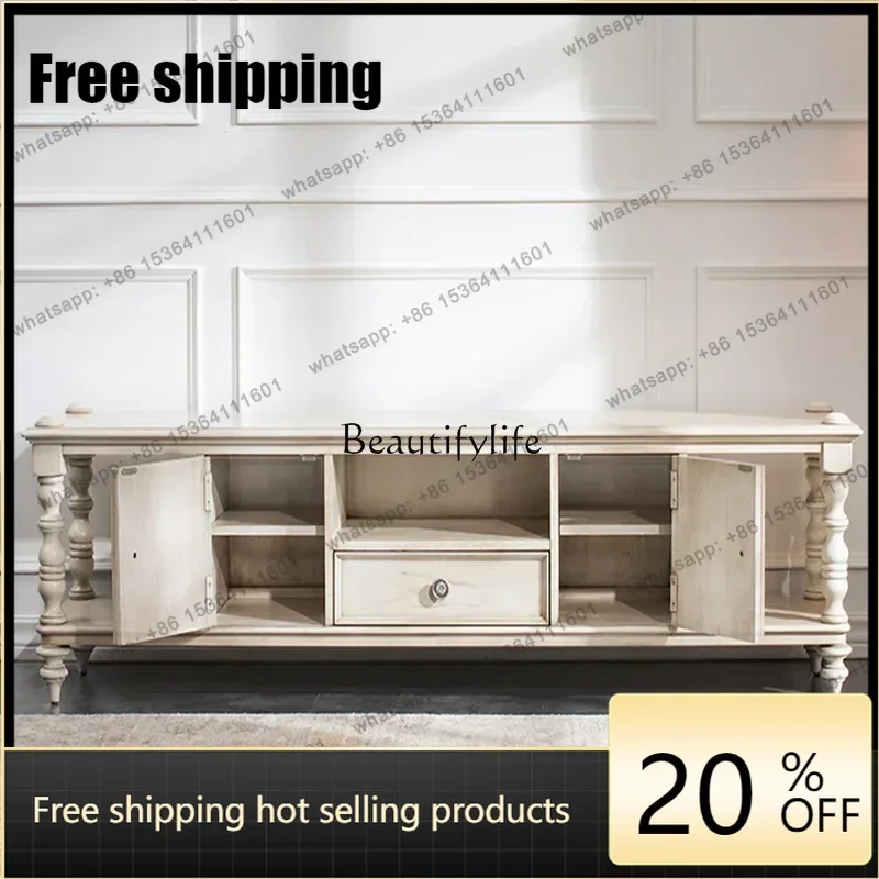 jj5 PJ-American rural solid wood retro TV cabinet French simple living room display storage small apartment carved floor cabinet