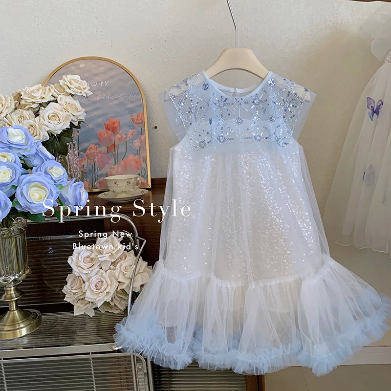 Girls' Dress24Summer New Ice-Snow Blue French Style Large Lapel Sequined Tulle Skirt Birthday Dress Princess Dress