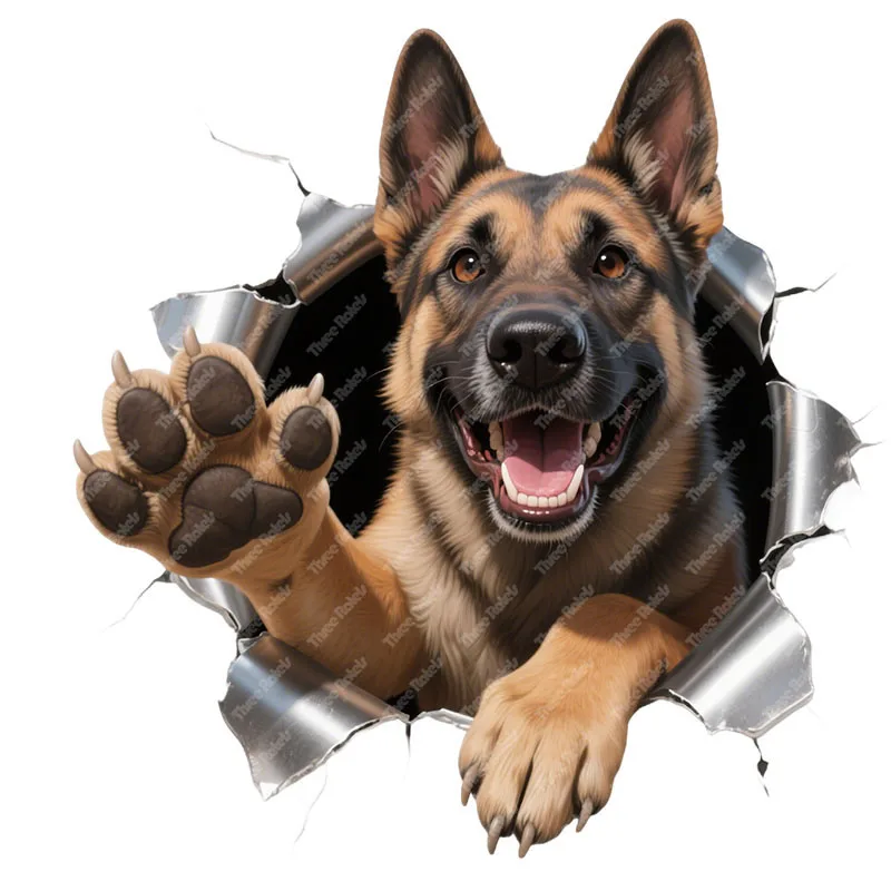 Three Ratels CAA29 lively German shepherd dog Broken hole wall stickers for home decoration Personalized car decals