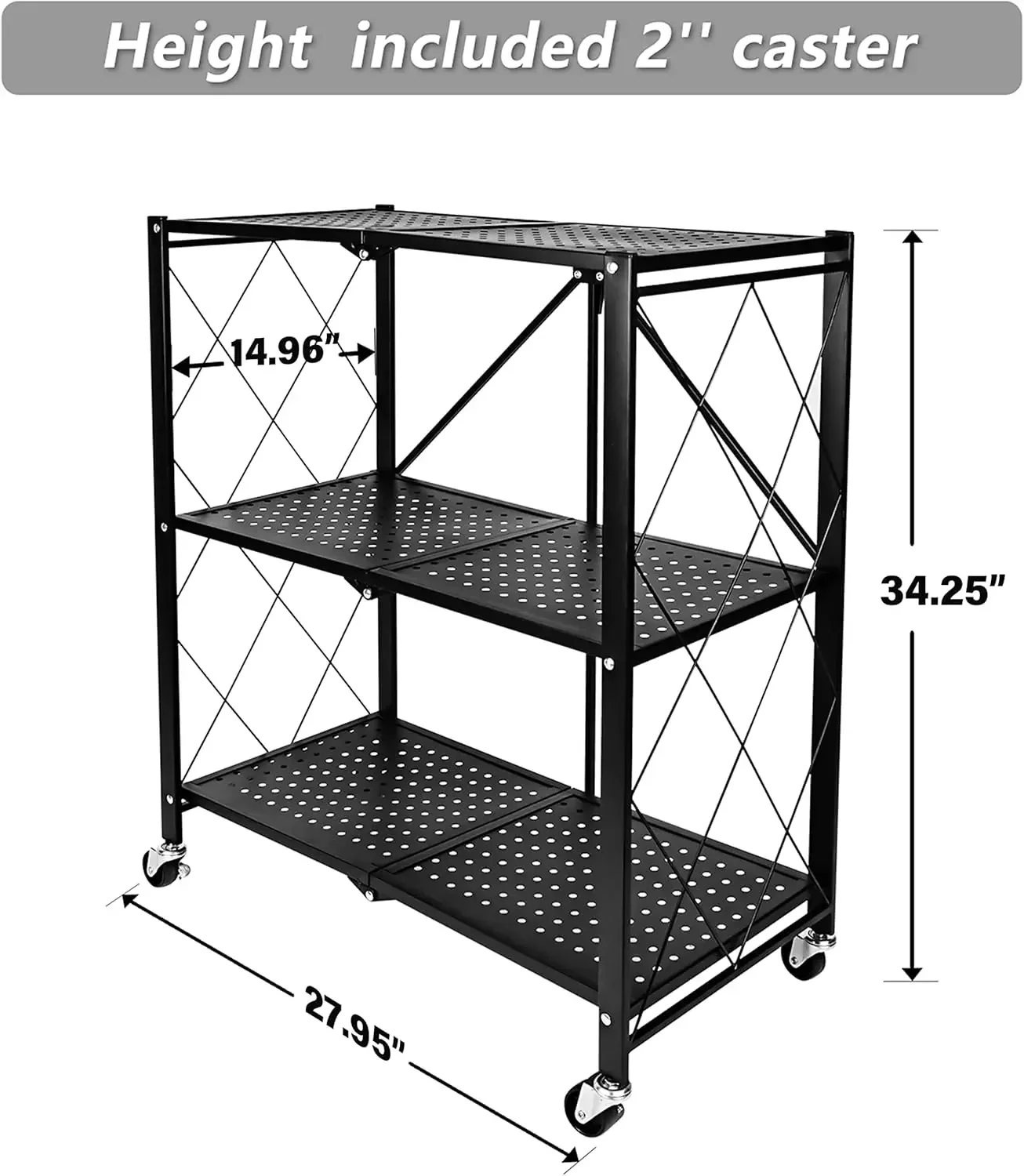 Heavy Duty 3-Tier Foldable Metal Rack,Storage Shelving Wheels Moving Organizer Shelves for Garage Kitchen, Black-1 Pack