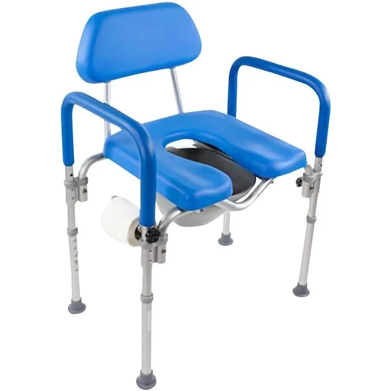 Commode Shower Chair, Comfortable Raised Toilet Seat with Padded Arm Handles and Backrest, for Seniors Adjustable Height Blue