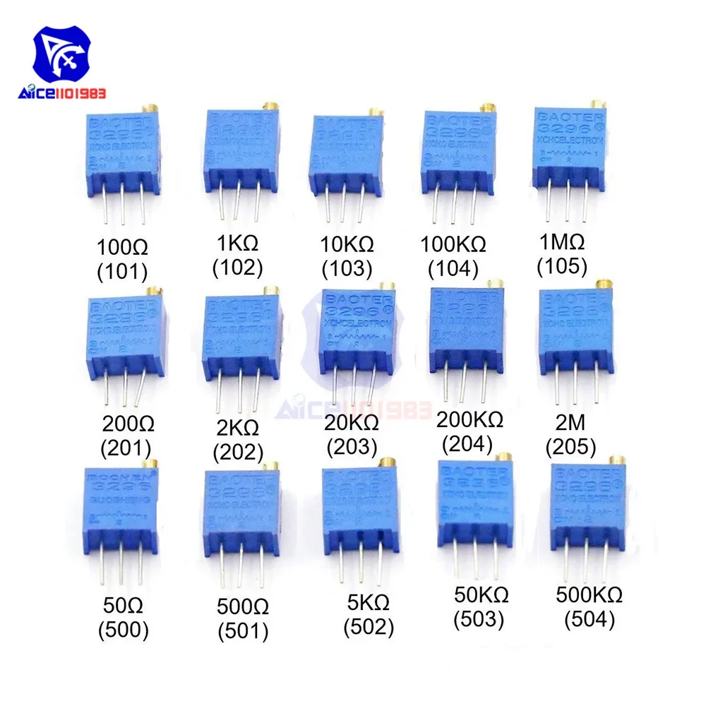 10PCS 3296 Trimmer Variable Potentiometer Resistance 100R/1K/10K/100K/1MK/200R/2K/20K/200K/2MK/50R/500R/5K/50K/500KΩ Ohm Trimpot