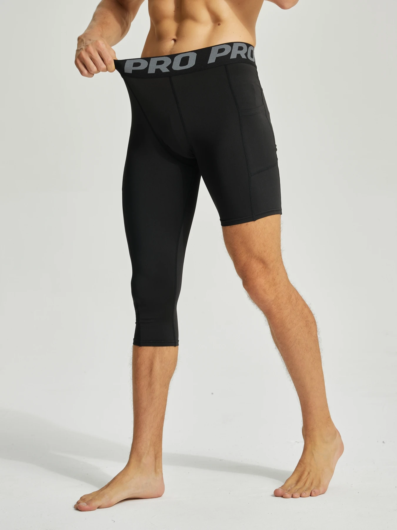 Men's One Leg Compression Tights for Four Seasons 3/4 Basketball Leggings Single Leg Athletic Pants with Pockets for RunningM-XL