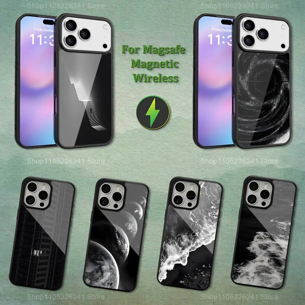 Stijlvolle kunst zwart witte telefoon voor iPhone 17,14,11,15,16,13,12,Pro,Max,voor Magsafe,Plus,Mini, magnetische draadloze oplaadcassette