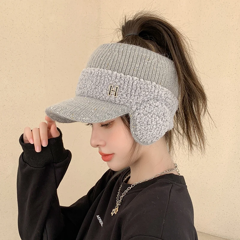 K329-Hat Women\'s Winter Riding Knitted Ear-proof Duck Tongue Hat Fashion Versatile Plush Warm Hollow Top Ear Cap Women\'s Hat