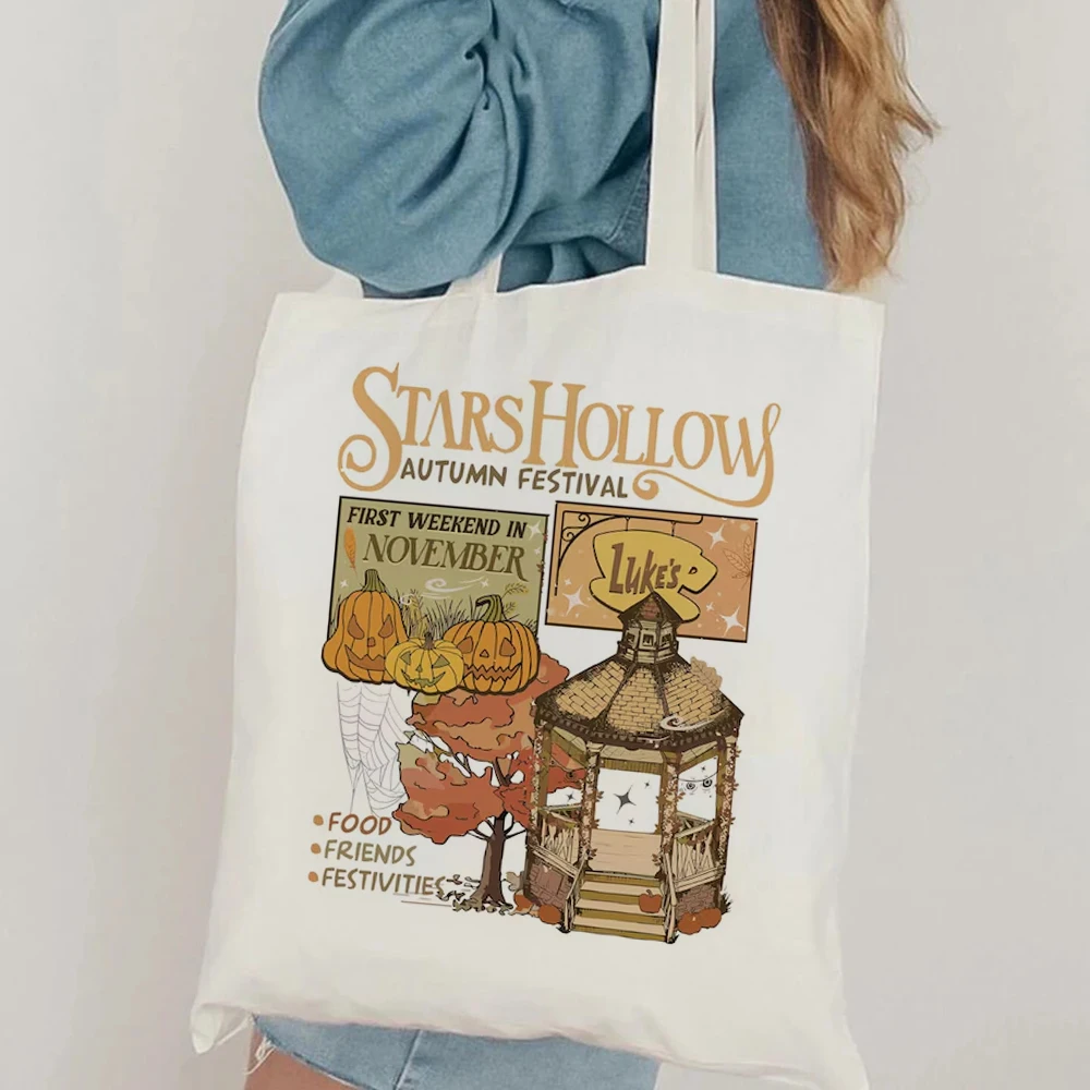 กระเป๋าผ้าแคนวาสลายเทศกาลฤดูใบไม้ร่วงสตาร์ส ฮอลโลว์ กระเป๋าสะพายไหล่ กระเป๋าถือสไตล์สาวรักษ์โลก กระเป๋าช้อปปิ้งขนาดใหญ่