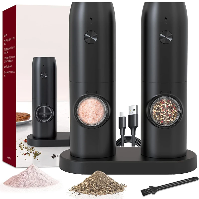 Electric Salt and Pepper Grinder USB rechargeable Adjustable Coarseness One-handed operation with charging base LED light