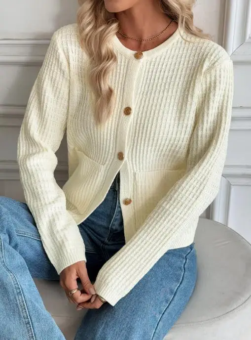 

2025 Autumn and Winter New Casual Korean Style Metal Button Cardigan Wool Sweater Solid Color Women's Knitted Sweater Jacket